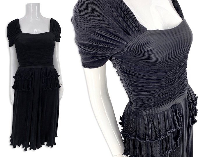 80s LORIS AZZARO black pleated dress sz 6, vintage 1980s crystal pleated dress, 80s designer dress, 90s cocktail dress S