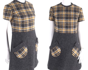 60s mini dress, vintage 1960s MOD wool dress, wool plaid short dress size S 4-6