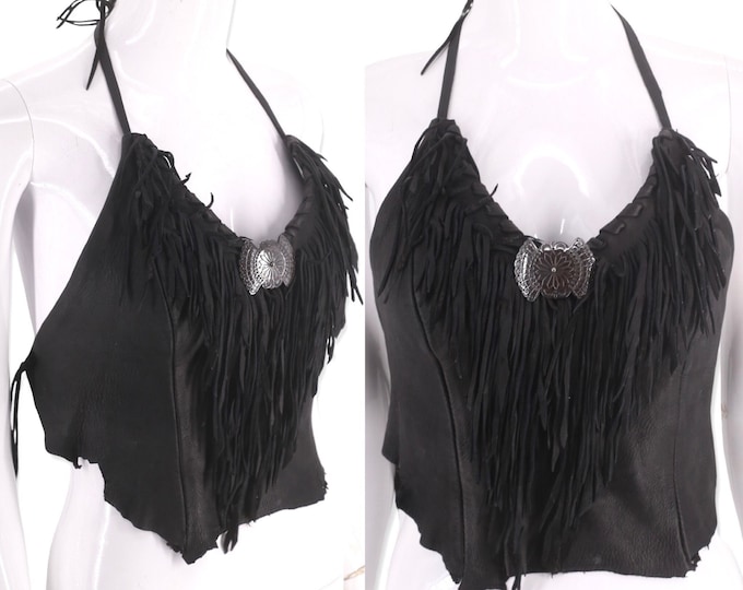 70s fringe leather black halter top size S, vintage 1970s custom biker tie top, Woodstock era Western leather shirt 60s 34"