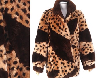 70s shearling coat womens size large vintage 1970s Leopard Cheetah Print mouton Fur jacket Glam Rock Disco
