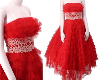 50s tulle party dress dress 24" , vintage 1950s red cupcake prom dress, mid century frothy full skirt gown sz small