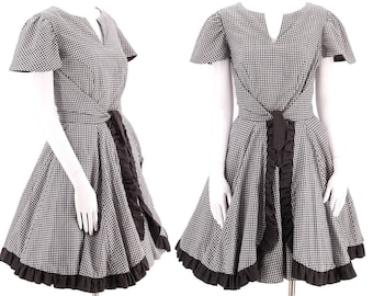 50s style Western  cotton full skirt dress L  / vintage 60s 70s SACKS black gingham check pin up mid century sundress