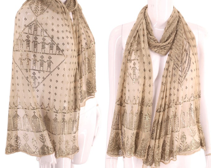 1920s ASSUIT shawl ivory with silver, vintage 20s antique Art Deco metal scarf wrap 25 x 74, Egyptian wedding shawl