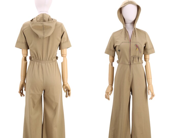 70s hooded bell bottom jumpsuit size M / 1970s khaki BODY ENGLISH cotton flare leg bells bottoms one piece outfit military work sz 9/10