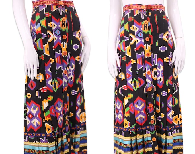 70s Giorgio Sant Angelo Southwest print skirt S / 1970s vintage designer pleated maxi skirt 70s XS 60s