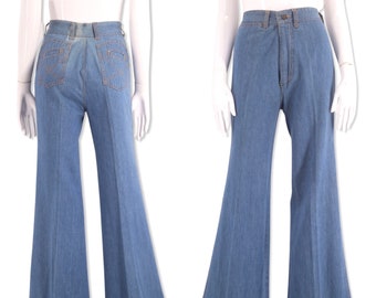 70s Chemin De Fer denim bell bottoms jeans 27, vintage 1970s high rise bells, 70s stitched flares pants sz M 6