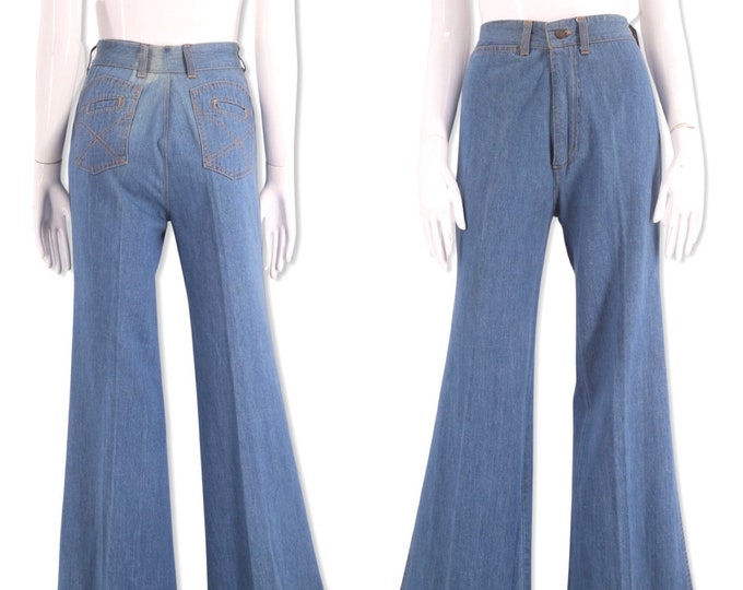 70s Chemin De Fer denim bell bottoms jeans 27, vintage 1970s high rise bells, 70s stitched flares pants sz M 6