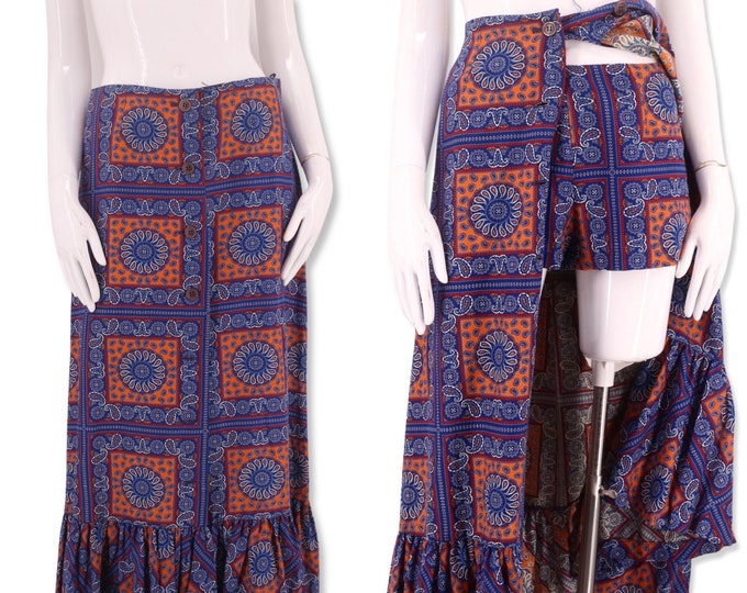 60s 2 pc shorts skirt set M / vintage 1960s bandanna print cotton hot shorts & maxi skirt combo