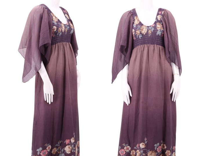 70s PHASE II floral fairy smocked maxi dress 11 / vintage 1970s hazy purple medieval maiden peasant Stevie dress gown M-L