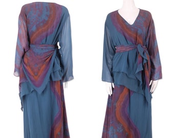 70s tie dye silk chiffon outfit, vintage 1970s CAROLE DOLIGHAN dress, 70s chiffon skirt, tie dye silk blouse sz L