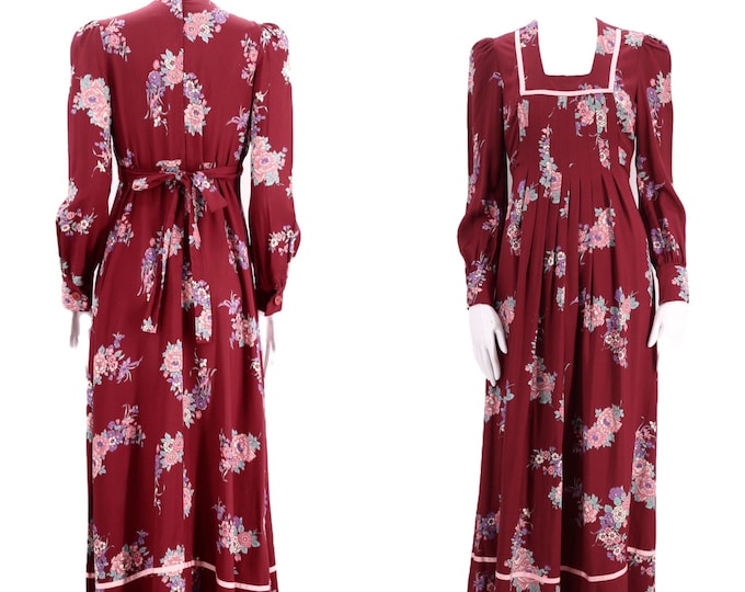 70s PHASE II floral prairie dress 7,  vintage 1970s cranberry peasant gown, medieval maxi dress M