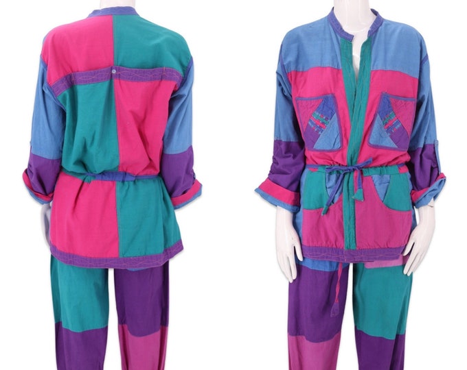 80s color block cotton set M, vintage 1980s colorful jacket and pants, 80s sportswear outfit