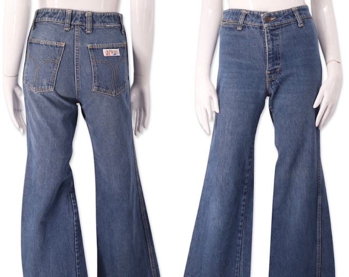 70s high waisted well worn bell bottom jeans 26, vintage DeNimes flare leg jeans, vintage 1970s bells pants