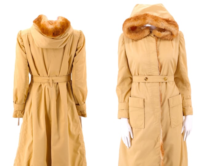 70s COURREGES khaki fur trim trench coat  / vintage 1970s cotton canvas rabbit trim hooded jacket coat M - L