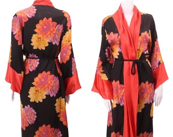 Bata de kimono con estampado de rayón de los años 20 M/L, plumero de acetato vintage de los años 20, bata con estampado de dalia negra, bata de corbata boho Deco FLAPPER antigua