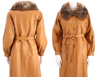 60s SILLS Bonnie Cashin leather coat M, vintage 1970s fur coat, 1960s butterscotch leather raccoon trim tie trench coat winter 70s
