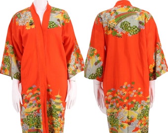 30s JAPÓN kimono lana challis estampado túnica / vintage 1930s exportación KIMONO en mandarina cherry blossom tema 20s