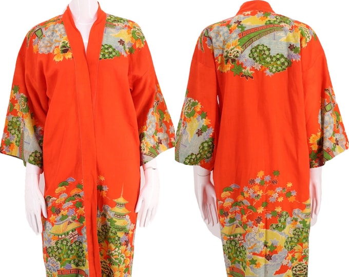 30s JAPAN kimono wool challis print robe / vintage 1930s export KIMONO in tangerine cherry blossom theme 20s