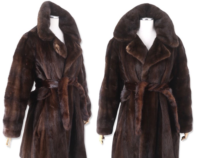 70s Mink fur tie coat size L, vintage 1970s high end chocolates ranch mink swing coat, supple full sweep jacket