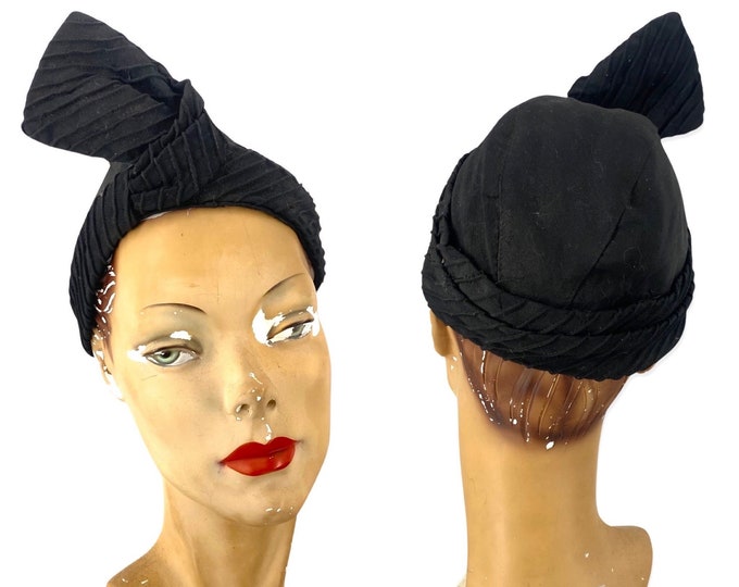 1930s turban twist hat, vintage 30s fascinator, black grosgrain hat, WWII era cocktail hat skull cap tilt