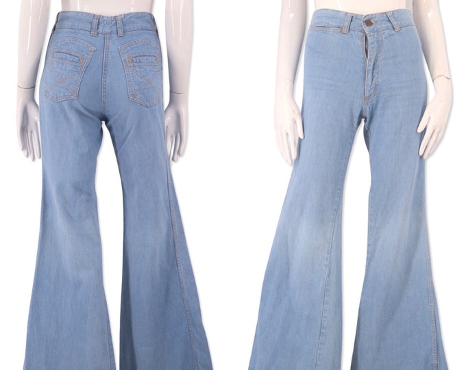 70s Chemin De Fer denim bell bottoms jeans sz 2, vintage 1970s high rise bells, 70s stitched flares pants sz XS 2-4