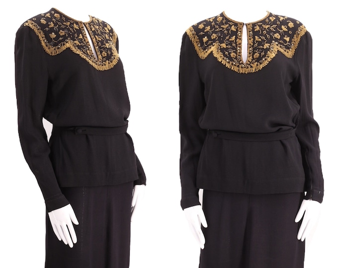 40s EISENBERG ORIGINALS black crepe beaded dress outfit  / vintage 1940s gathered ruched skirt and draped blouse top 30s sz 8
