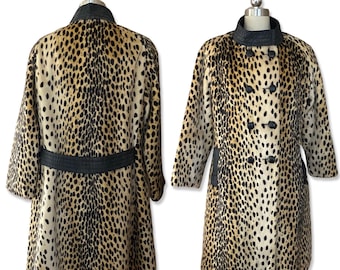 50s vintage LA FRANCE leopard print faux fur coat M, 1950s pin up cheetah plush fur, flared A line coat 1960s 50s