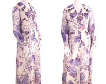 70s SHAHEEN butterfly print maxi dress M, vintage 1970s hostess gown, chiffon organza dress 60s