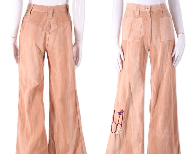 70s pink tie dye high rise bell bottoms 26, vintage 1970s brushed cotton flares, embroidered jeans, bells pants S 4-6