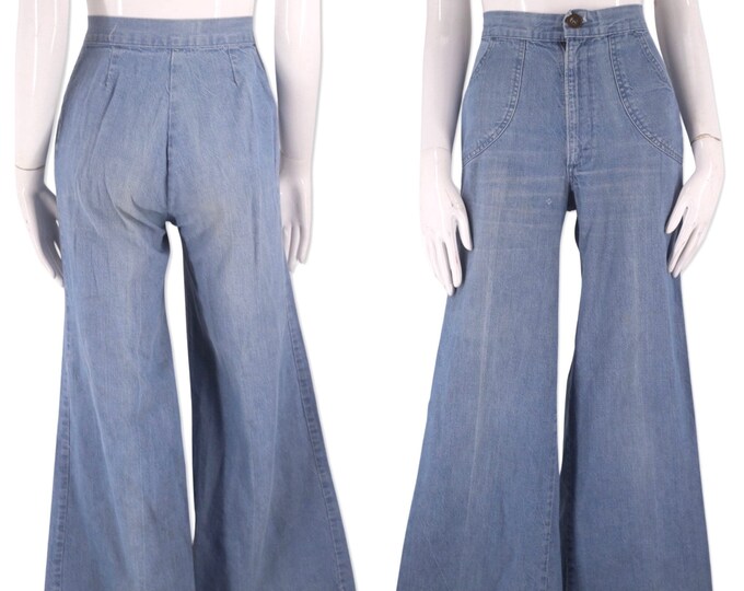 70s wide leg high waist bell bottom jeans 24, vintage 1970s light denim elephant bells, flares pants 2-4