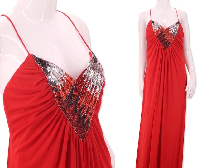 70s red jersey disco dress L, vintage 1970s Lilli Diamond Studio 54 gown 14, Qiana fluid dress glam