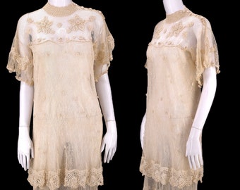 70s hand crochet dress / vintage 1970s cream crochet mesh bohemian summer bridal gown 1930s inspired dress sz L