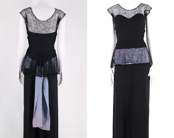 40s Frank Starr black evening gown / vintage 1940s rayon lace taffeta sash long dress size 4-6