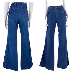 70s denim bell bottom jeans 30, vintage 1970s dark denim high rise flares, 70s bells, 70s pants sz 8