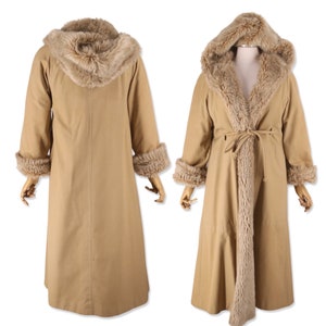 Bonnie Cashin Faux Fur Trench coat Size M, vintage 1970s Russ Taylor tie coat, Fake fur lined Hooded Weatherproof winter 70s