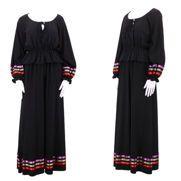 70s CLOVIS RUFFIN peasant dress 8, 1970s vintage 2 pc set, 70s outfit, peasant blouse maxi skirt w/ ribbon trim M