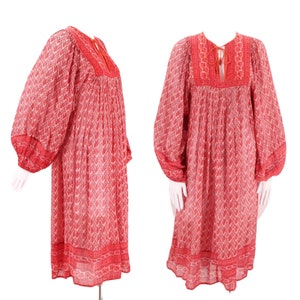 70s JUDITH ANN peasant dress S, vintage 1970s Rita Kumar red tissue cotton dress, India print festival caftan XS 4 image 1