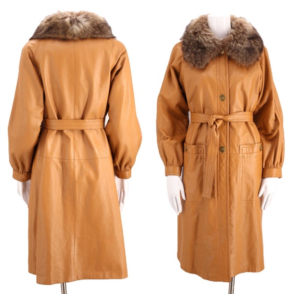60s SILLS Bonnie Cashin leather coat M, vintage 1970s fur coat, 1960s butterscotch leather raccoon trim tie trench coat winter 70s