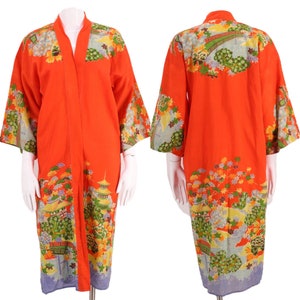 30s JAPAN kimono wool challis print robe / vintage 1930s export KIMONO in tangerine cherry blossom theme 20s image 1