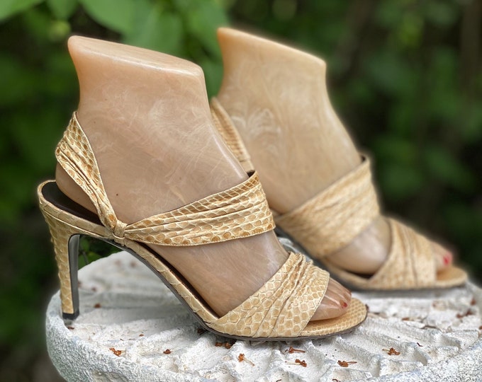 70s sz 6.5 HALSTON python sandals high heels, vintage 1970s 80s beige strappy shoes, disco heels, pumps shoes 36.5