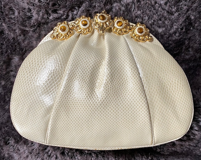 lizard JUDITH LEIBER cream jeweled purse bag / vintage 1980s Karung lizard skin bone leather gold frame clutch shoulder bag 1986