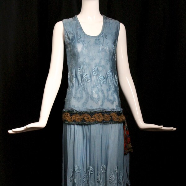 1920s Antique vintage cornflower blue ART DECO knit Boardwalk Empire silk knit floral emb beaded abstract draped sash maxi DRESS gown