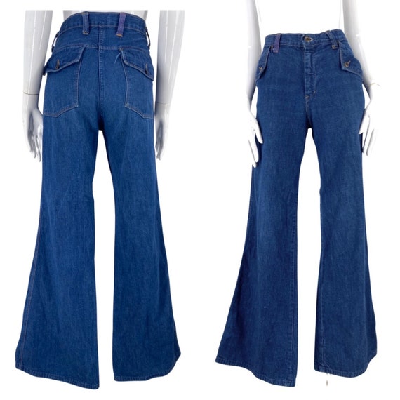 70s denim bell bottom jeans 30, vintage 1970s dar… - image 1