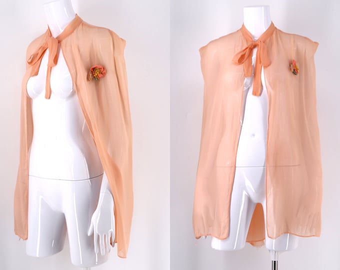 30s Lingerie cape : art deco silk dress capelet with flower rosette and neck tie 1930s vintage pink chiffon slip