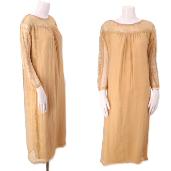 20s antique beige silk lace flapper dress / vinta… - image 1