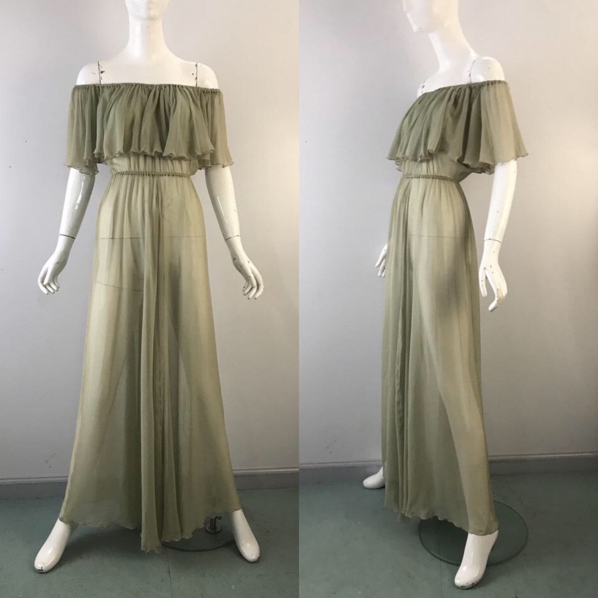 70s SCOTT BARRIE palest green silk chiffon airy off shoulder Studio 54 ...