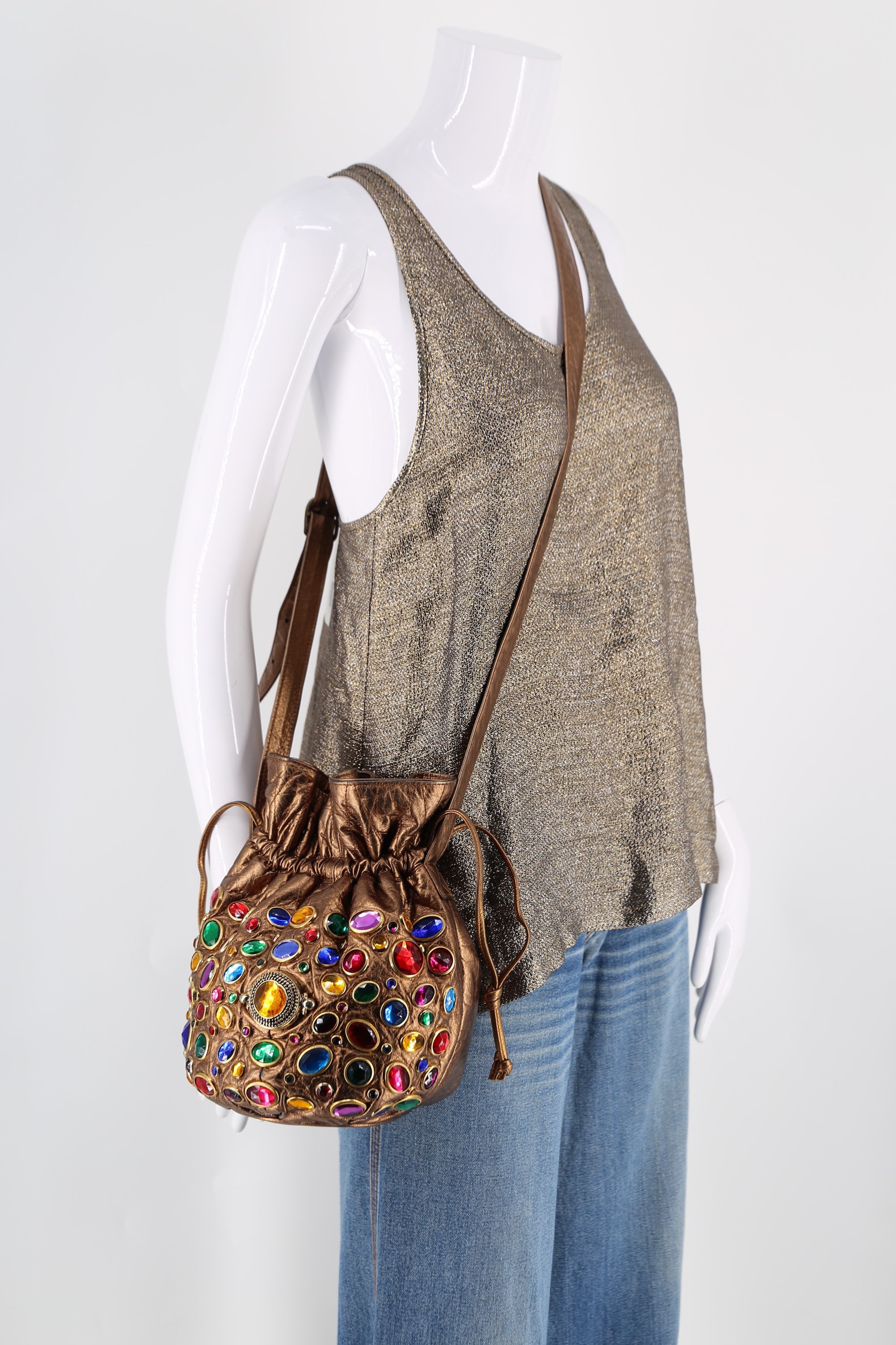 80s JEWELED bronze leather bucket bag / vintage 1980s big gem rhinestone  drawstring shoulder bag purse