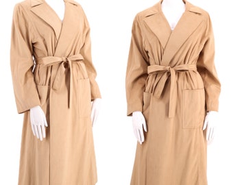 70s ultra suede trench coat dress M / vintage 1970s khaki camel faux suede tie coat and matching skirt Halston era