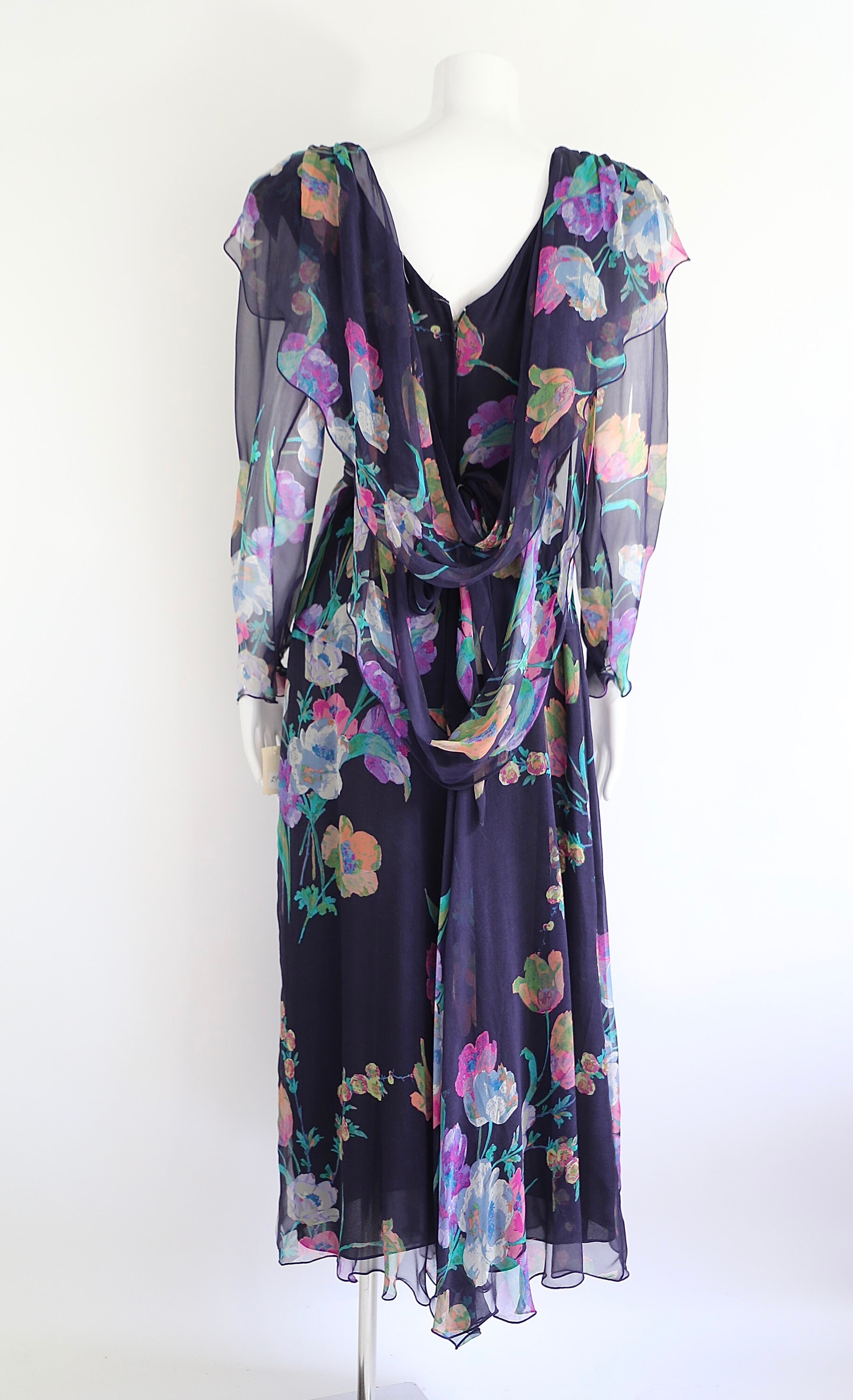 80s HOLLY HARP floral silk chiffon dress sz m / vintage 1980s tiered ...