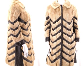 70s mink leather fur coat, vintage 1970s chevron pattern snap front coat, disco glam pieced fur coat jacket M